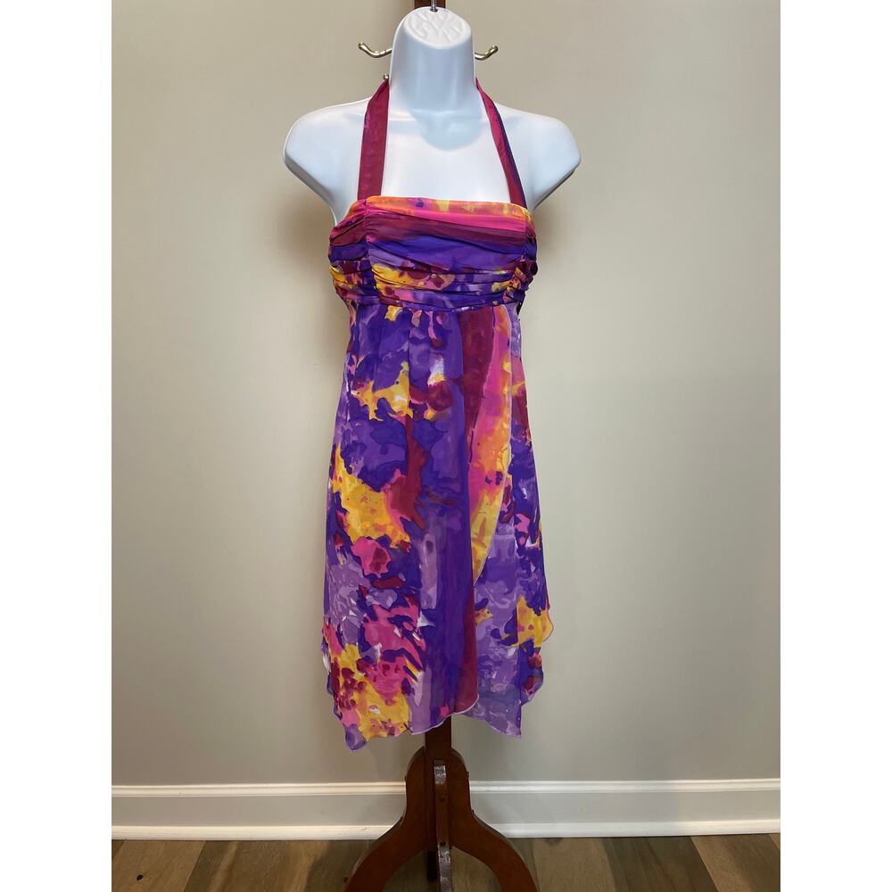 Johnny Martin Purple Yellow Chiffon Halter A‑Line Dress Resort Summer Beach